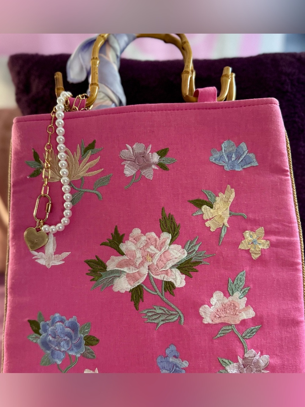 Vintage Retro Pink Floral Embroidered Bag Bamboo Handles Boho Coquette Style